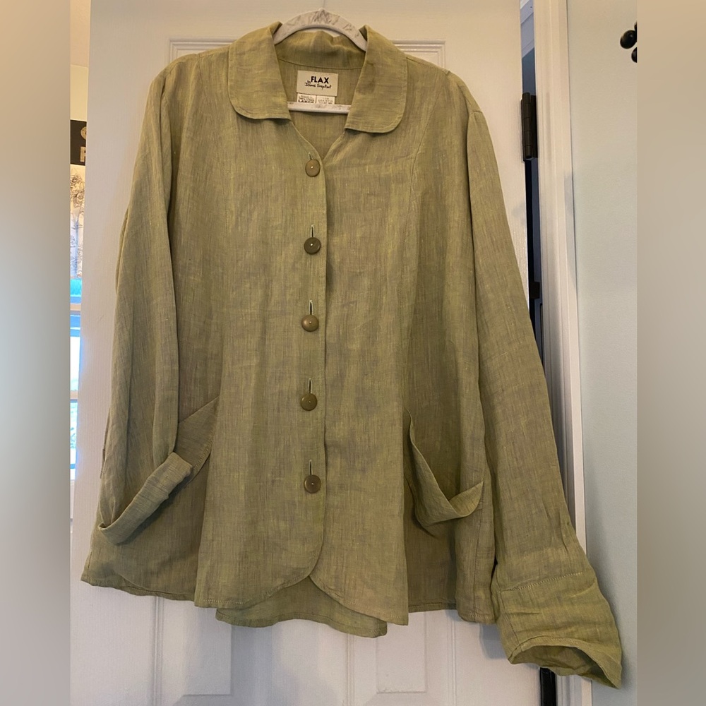Flax by Jeanne Engelhart Large Vintage Linen Olive Button Blouse Jacket Artsy
